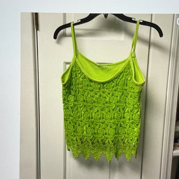Tops - Neon Lime Lace Appliqué Spaghetti Strap Tank Top